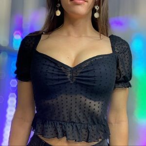 🖤🩸 Black Sheer Polka Dot Puff Sleeve Crop  🩸🖤